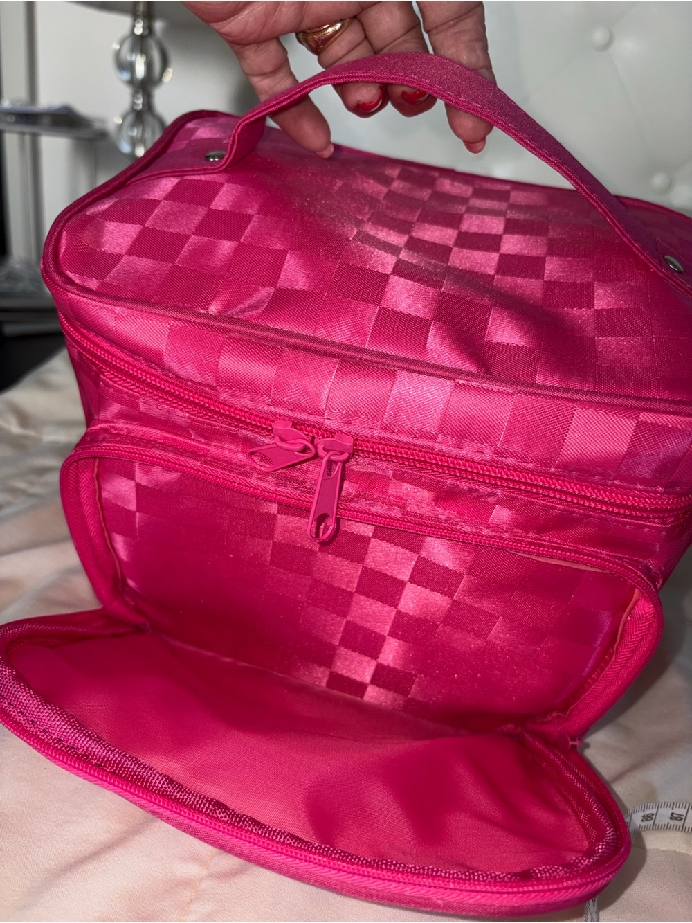 Bright Pink Checker Satin Cosmetic Travel Bag - Picture 6 of 7